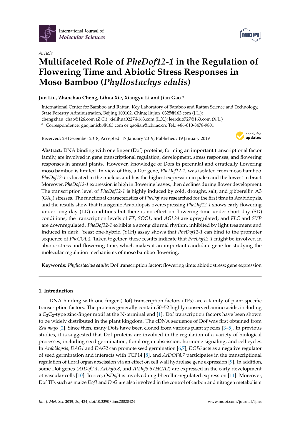 Multifaceted Role of Phedof12-1 in the Regulation of Flowering Time and Abiotic Stress Responses in Moso Bamboo (Phyllostachys Edulis)