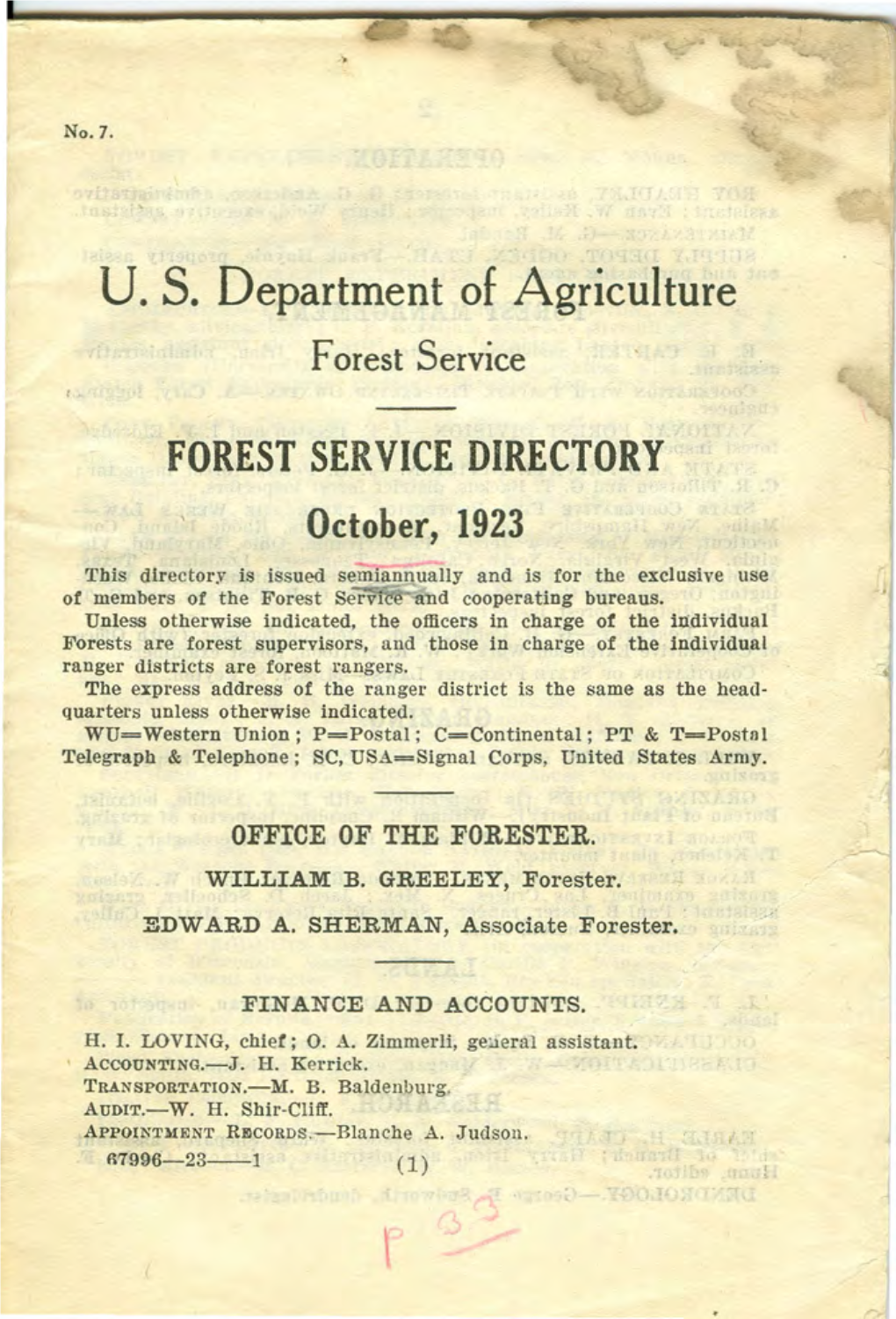 FOREST SERVICE DIRECTORY October, 1923