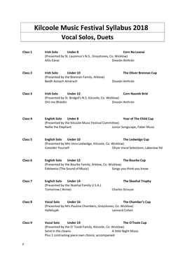 Kilcoole Music Festival Syllabus 2018 Vocal Solos, Duets