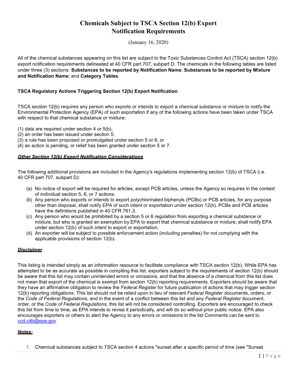 Chemicals Subject to TSCA Section 12(B) Export Notification Requirements (January 16, 2020)