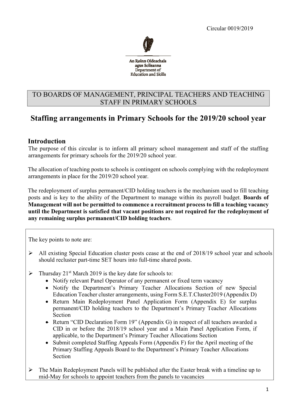 Staffing Arrangements in Primary Schools for the 2019/20 School Year