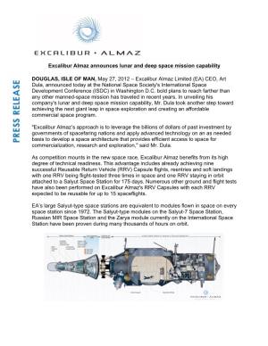 Excalibur Almaz Announces Lunar and Deep Space Mission Capability