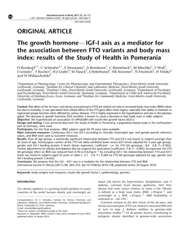 IGF-I Axis As a Mediator for the Association Between FTO Variants and Body Mass Index: Results of the Study of Health in Pomerania