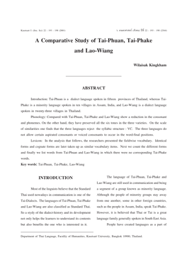 A Comparative Study of Tai-Phuan, Tai-Phake and Lao-Wiang