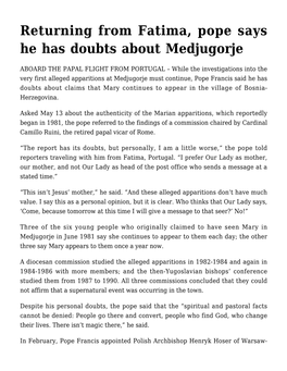 Returning from Fatima, Pope Says He Has Doubts About Medjugorje