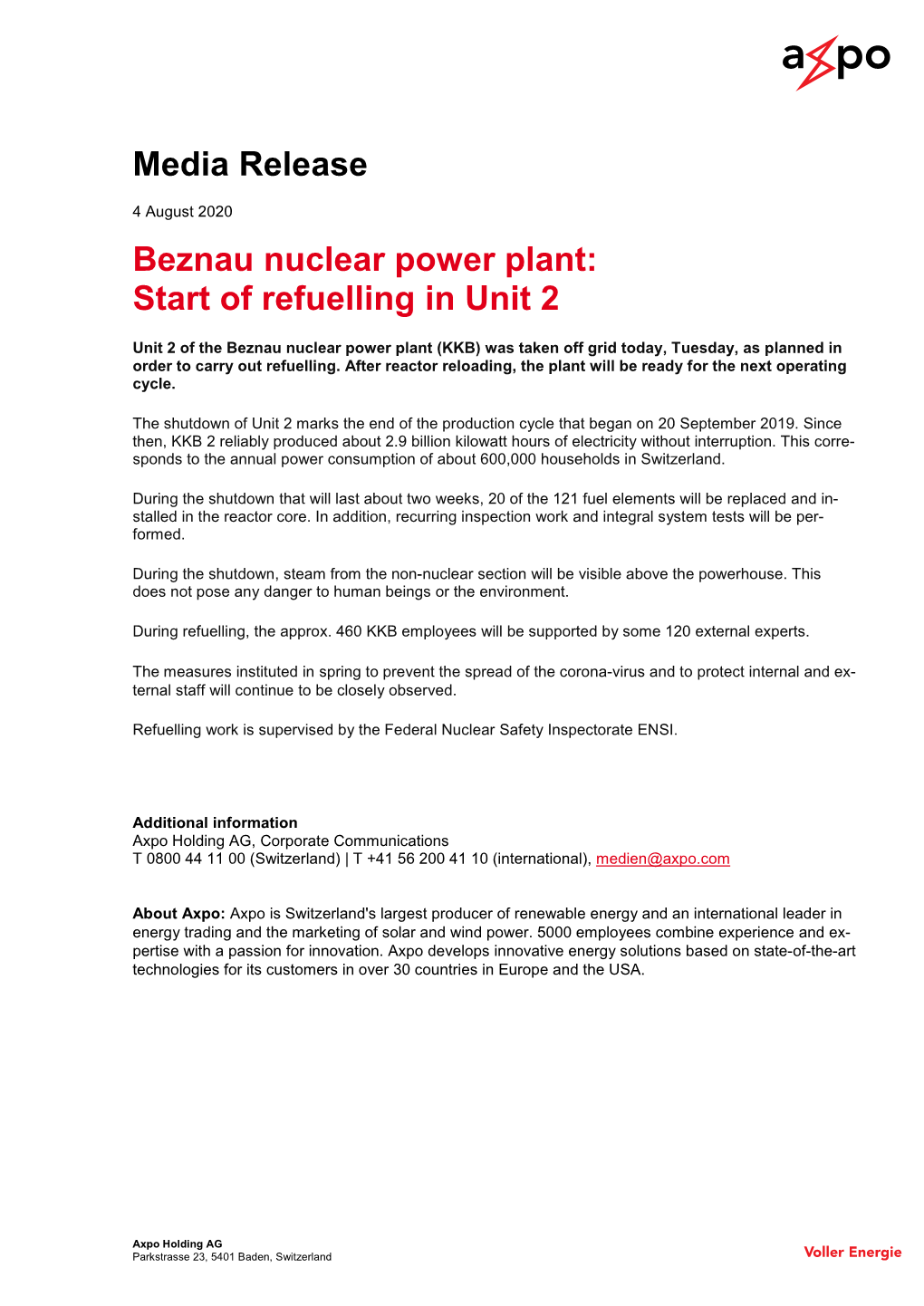 Media Release Beznau Nuclear Power Plant