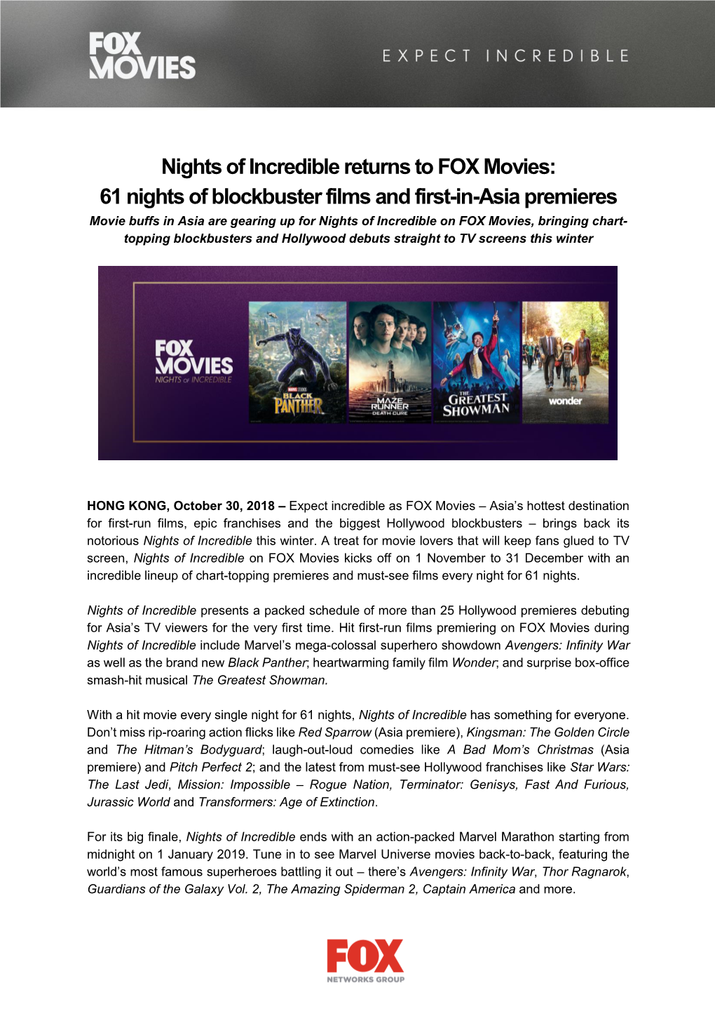 Nights of Incredible Returns to FOX Movies: 61 Nights of Blockbuster