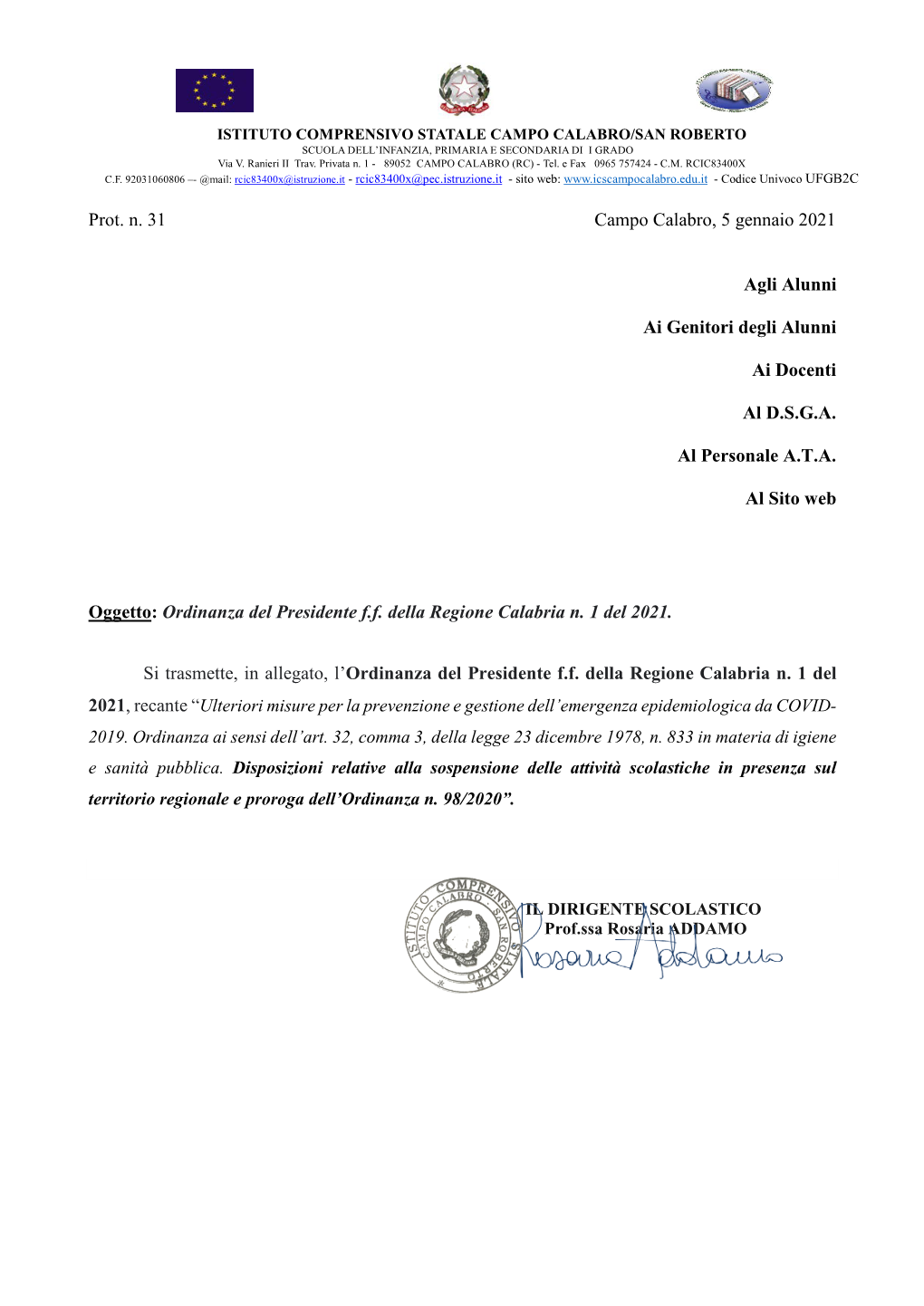 AVVISO Ordinanza Del Presidente Della Regione Calabria – N.1 Del 2021