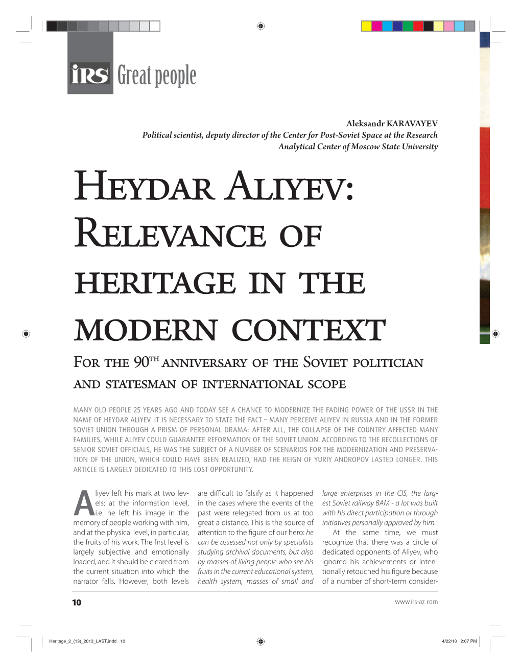 Heydar Aliyev: Relevance of Heritage in the Modern Context for the 90Th Anniversary of the Soviet Politician and Statesman of International Scope