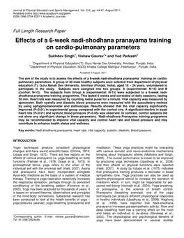 Effects of a 6-Week Nadi-Shodhana Pranayama Training on Cardio-Pulmonary Parameters