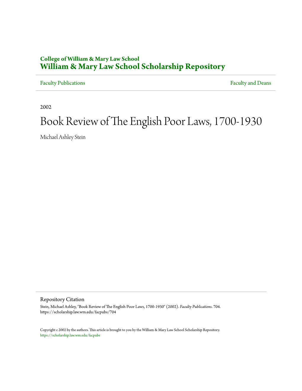 Book Review of the English Poor Laws, 1700-1930
