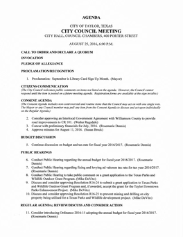 City Council Meeting City Hall, Council Chambers, 400 Porter Street