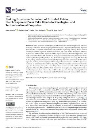 Linking Expansion Behaviour of Extruded Potato Starch/Rapeseed Press Cake Blends to Rheological and Technofunctional Properties