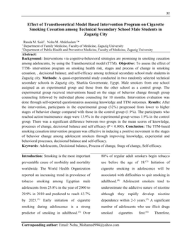 Effect of Transtheoretical Model Based Intervention Program on Cigarette Smoking Cessation Among Technical Secondary School Male Students in Zagazig City