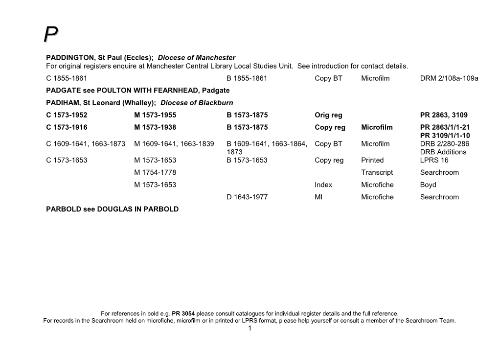 PADDINGTON, St Paul (Eccles); Diocese of Manchester for Original Registers Enquire at Manchester Central Library Local Studies Unit