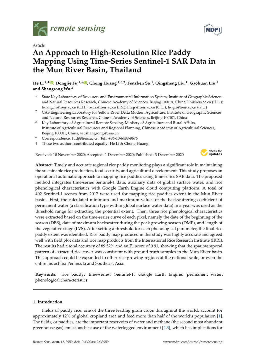 An Approach to High-Resolution Rice Paddy Mapping Using Time-Series Sentinel-1 SAR Data in the Mun River Basin, Thailand