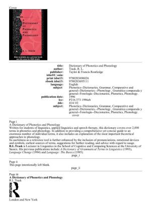 Cover Title: Dictionary of Phonetics and Phonology Author