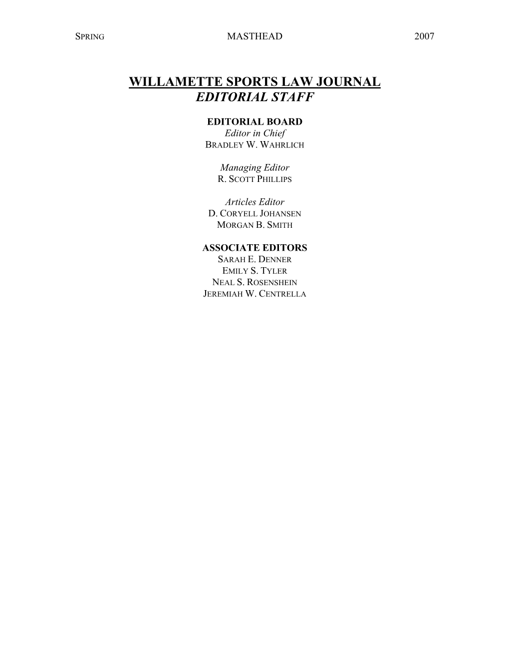 Willamette Sports Law Journal Editorial Staff