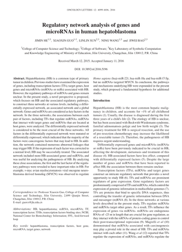 Regulatory Network Analysis of Genes and Micrornas in Human Hepatoblastoma