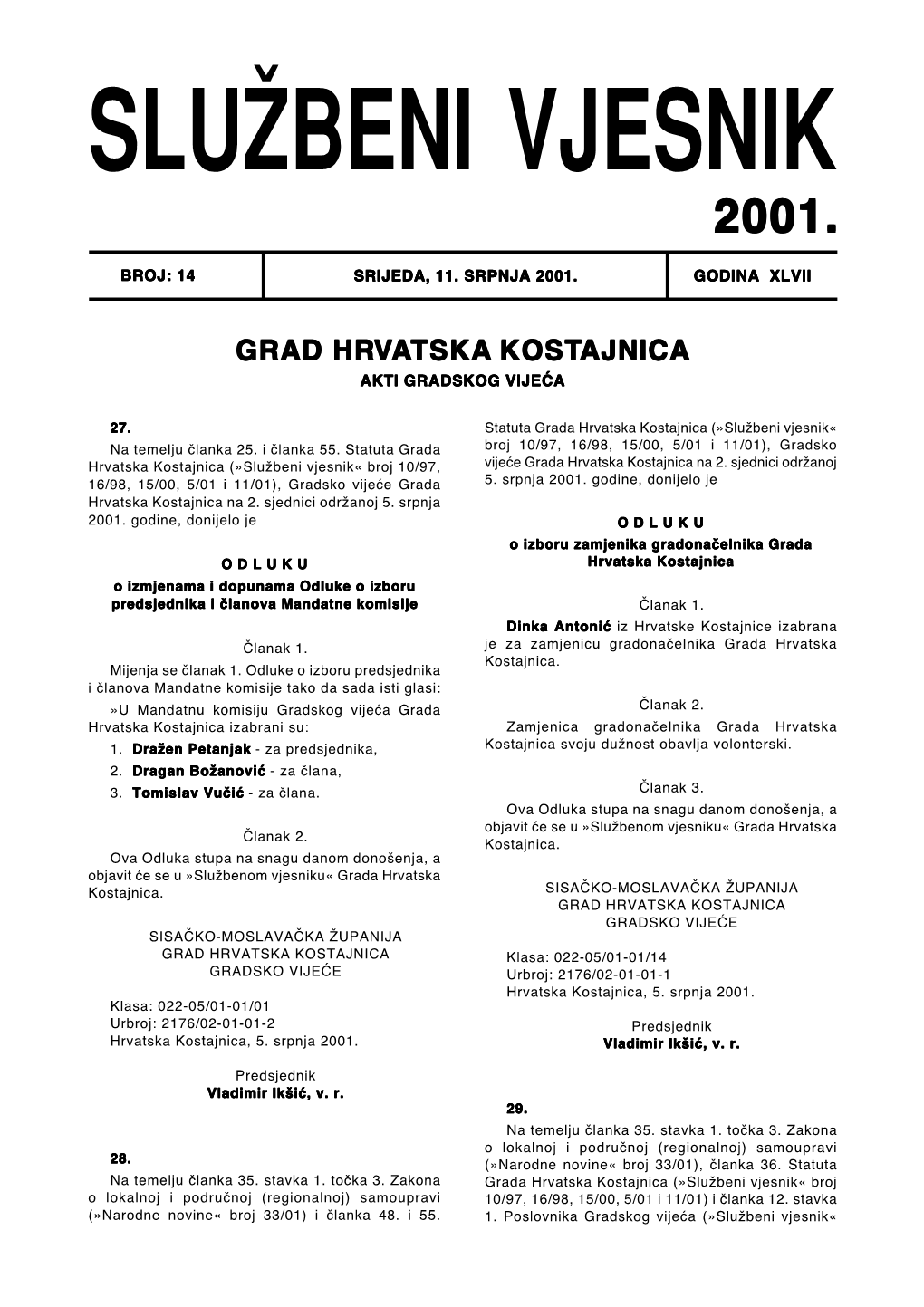 Grad Hrvatska Kostajnica Akti Gradskog Vijeća