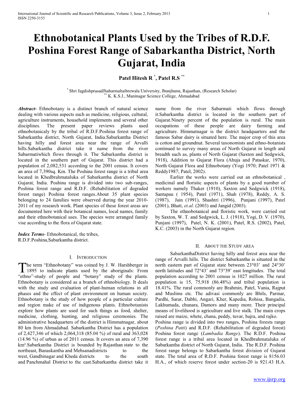 Ethnobotanical Plants Used by the Tribes of R.D.F. Poshina Forest Range of Sabarkantha District, North Gujarat, India