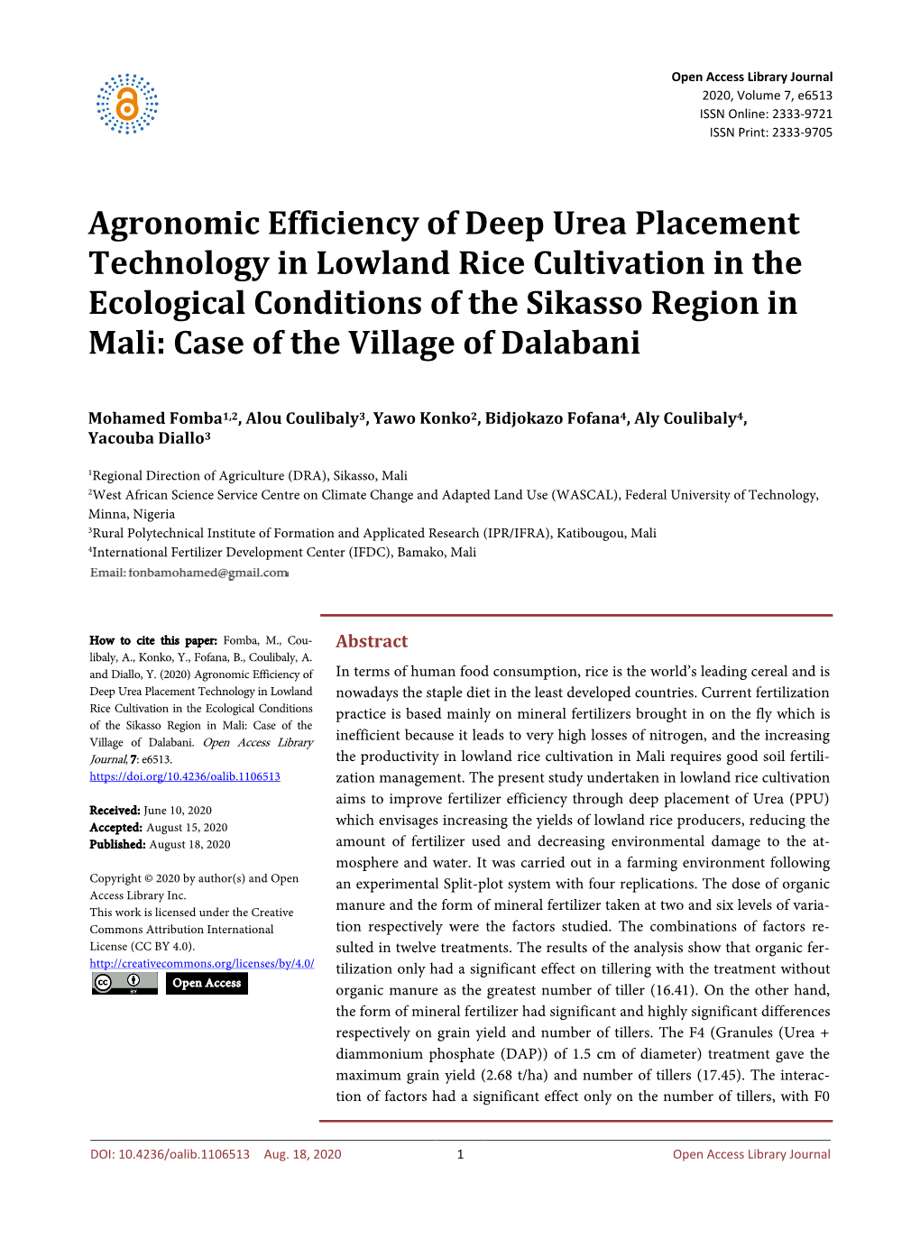 Agronomic Efficiency of Deep Urea Placement Technology in Lowland
