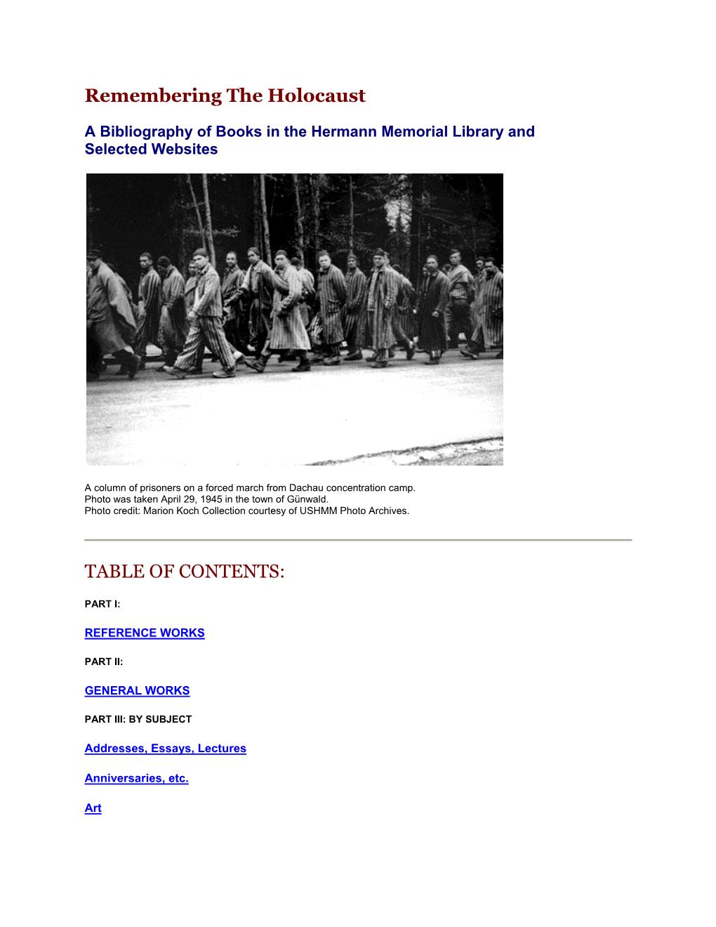 Remembering the Holocaust TABLE of CONTENTS