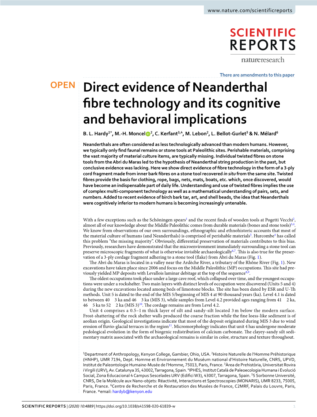 Direct Evidence of Neanderthal Fibre Technology and Its Cognitive and Behavioral Implications