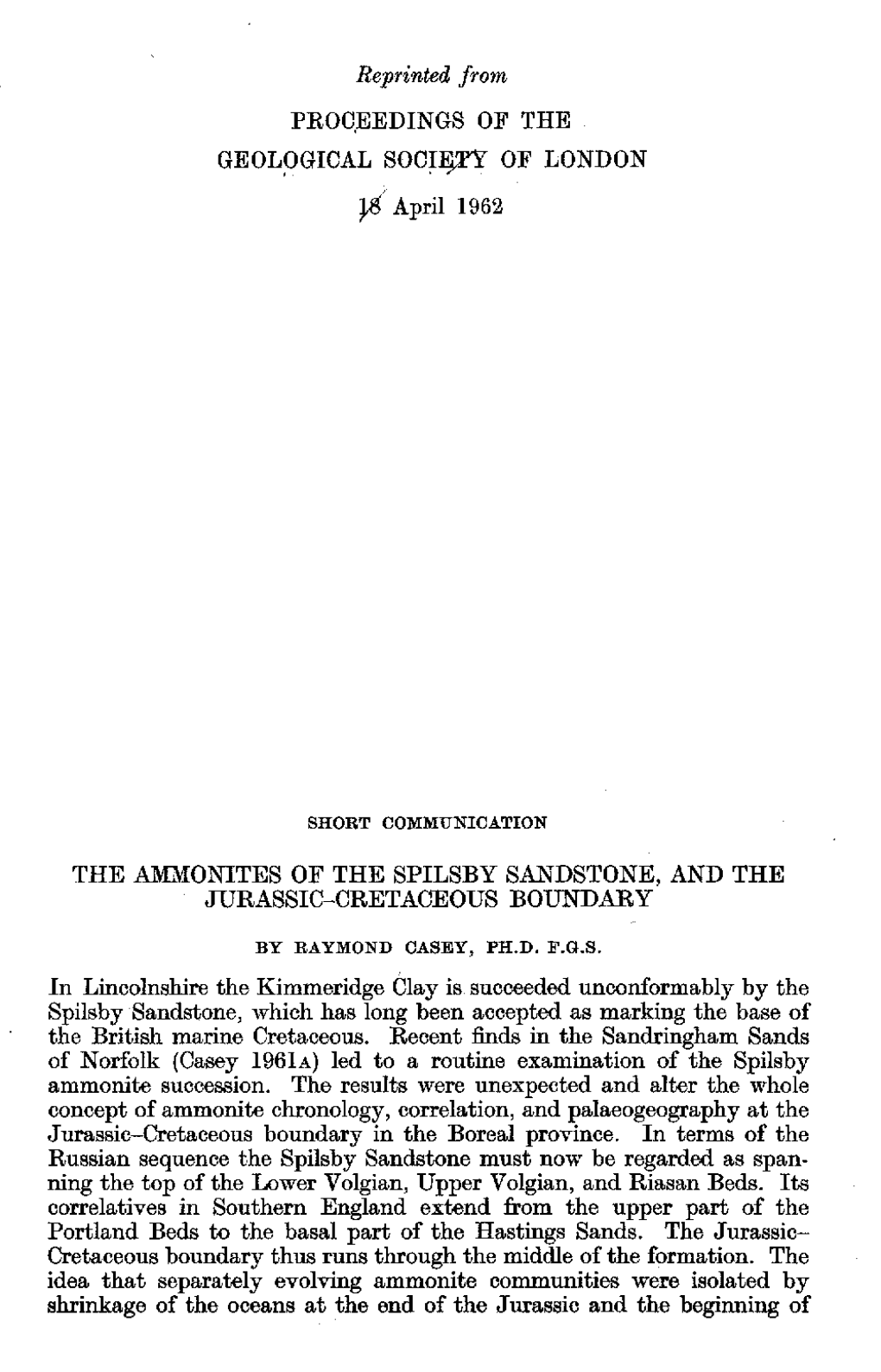 Reprinted from PROC,EEDINGS of the GEOLOGICAL Socil$PY of LONDON P' April 1962 the AMXONITES of the SPILSBY Smdstone, and the JU