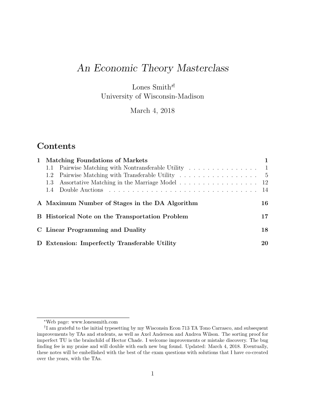 Matching Foundations of Markets1 1.1 Pairwise Matching with Nontransferable Utility