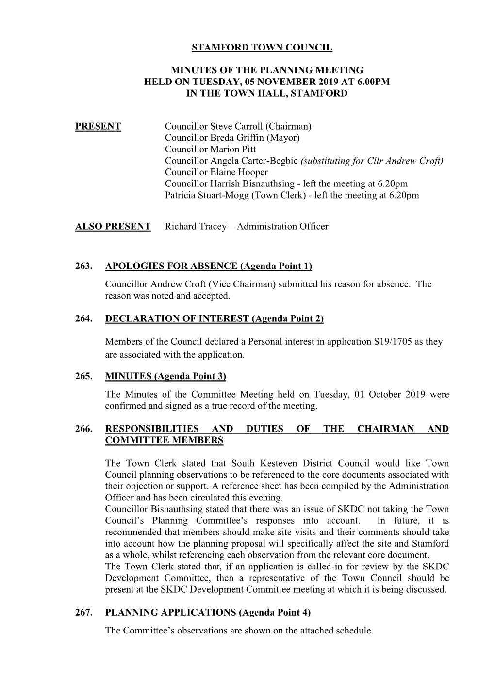 Stamford Town Council Minutes of the Planning