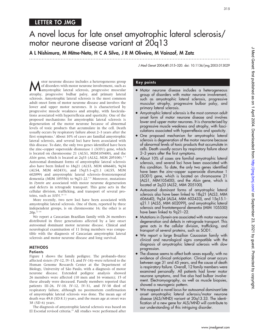 Motor Neurone Disease Variant at 20Q13 J Med Genet: First Published As on 1 April 2004