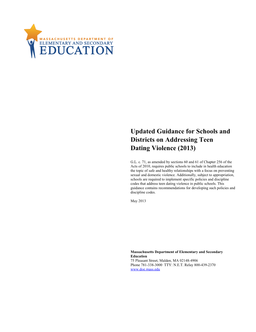 Updated Guidance for Schools and Districts on Addressing Teen Dating Violence (2013