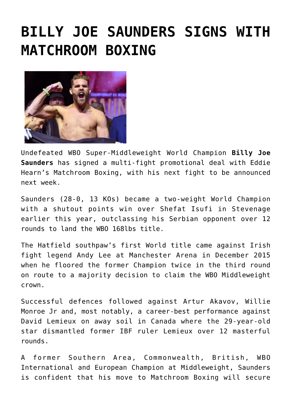 Billy Joe Saunders Signs with Matchroom Boxing