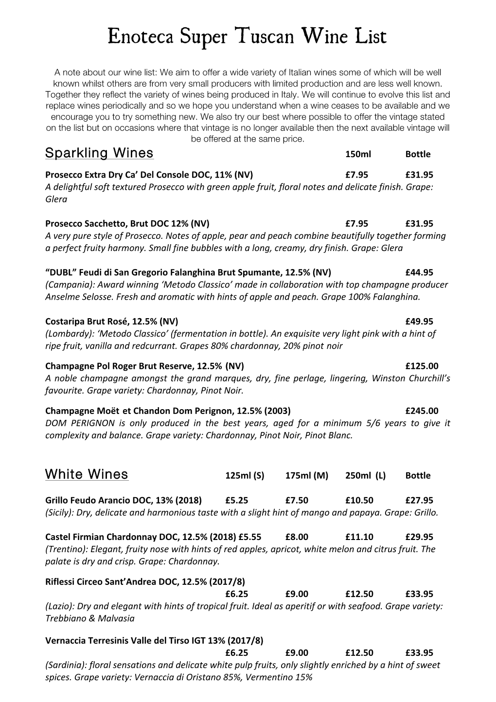 CURRENT JULY 2019 Super Tuscan Wine List