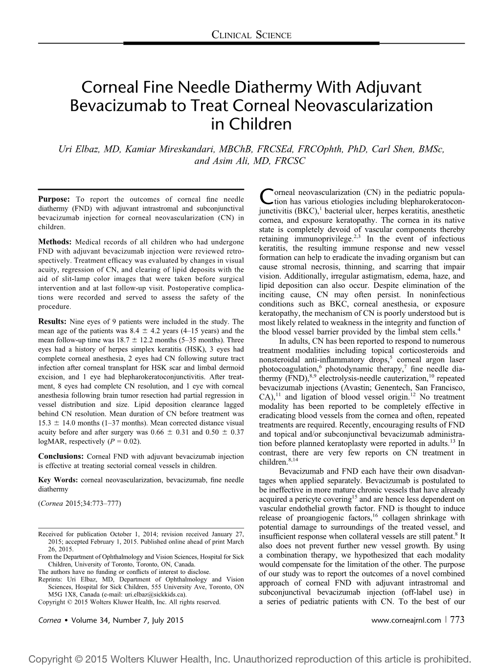 Corneal Fine Needle Diathermy with Adjuvant Bevacizumab to Treat Corneal Neovascularization in Children