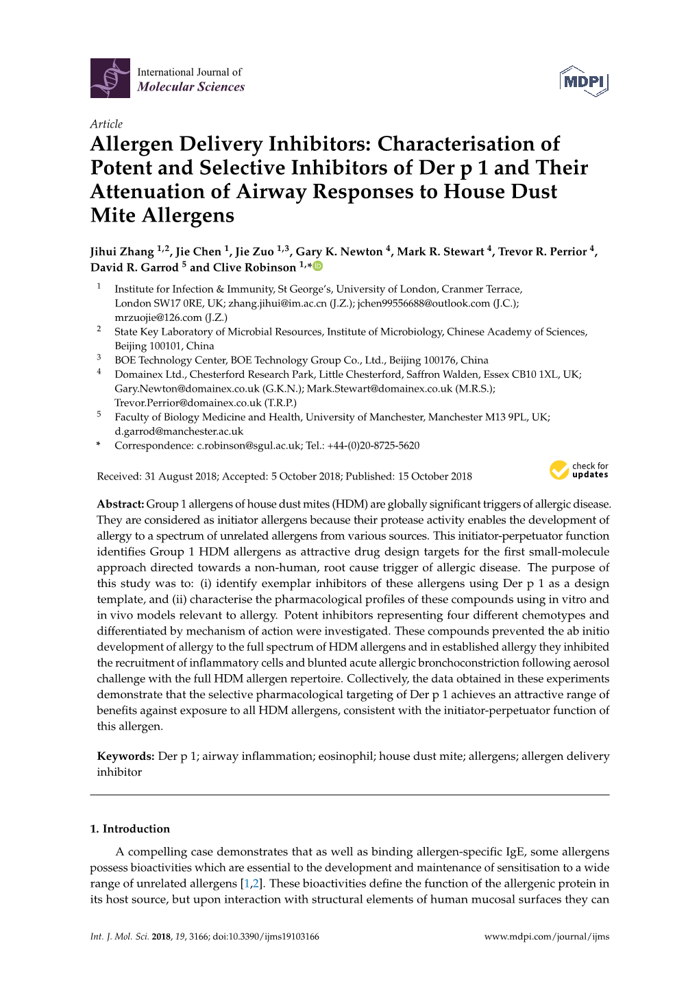 Allergen Delivery Inhibitors: Characterisation of Potent and Selective Inhibitors of Der P 1 and Their Attenuation of Airway Responses to House Dust Mite Allergens