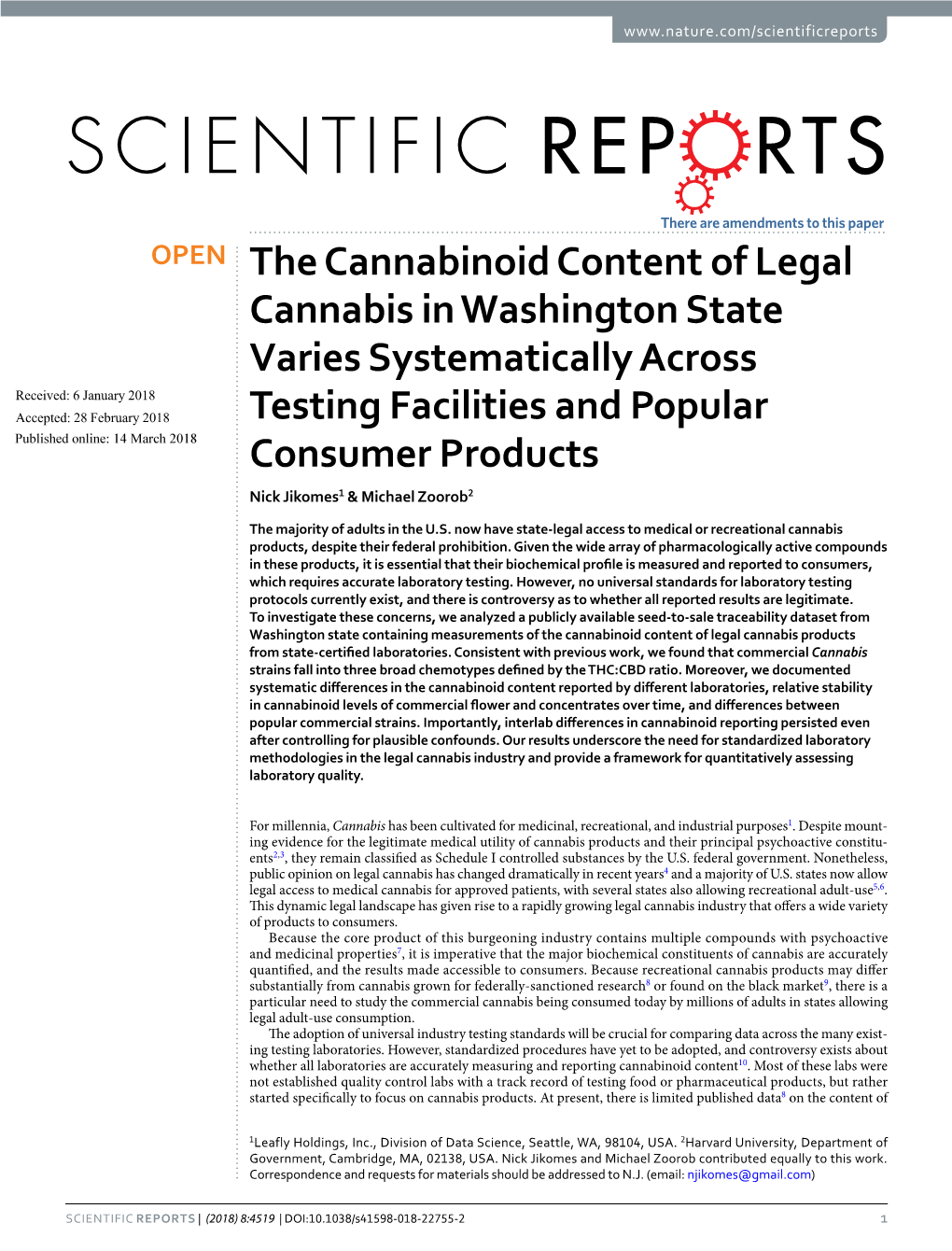 The Cannabinoid Content of Legal Cannabis in Washington State Varies Systematically Across Testing Facilities and Popular Consum