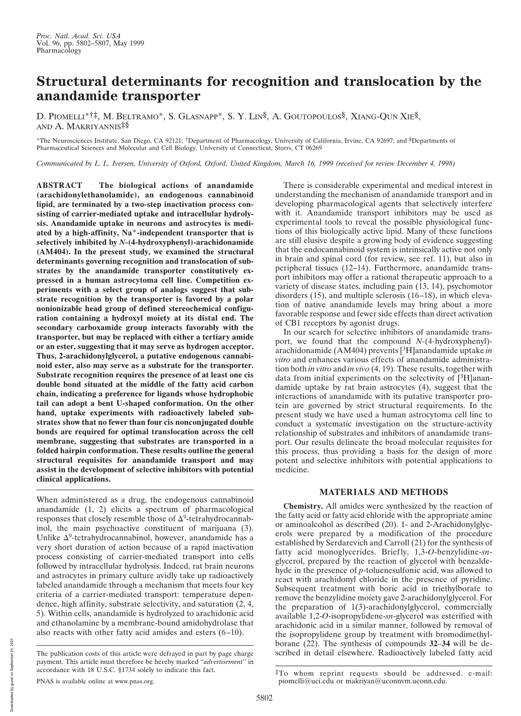 Structural Determinants for Recognition and Translocation by the Anandamide Transporter