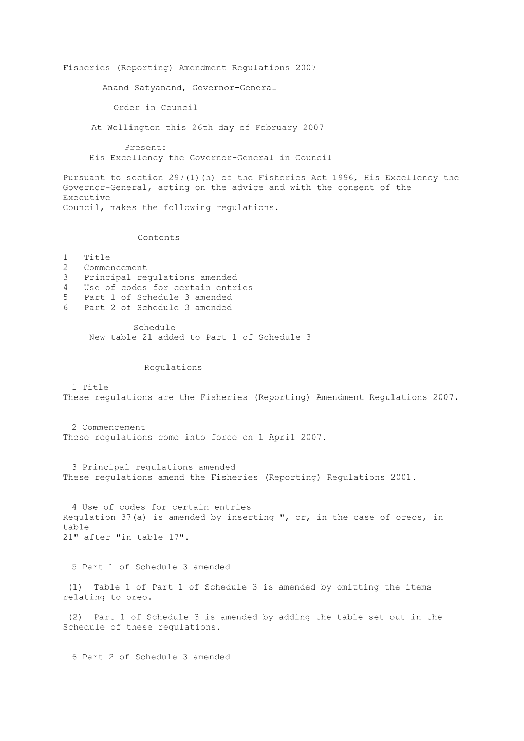 Fisheries (Reporting) Amendment Regulations 2007