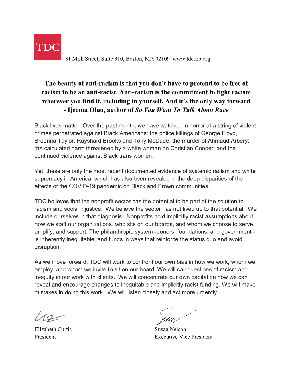 Read TDC's Statement on Anti-Racism and Social Justice