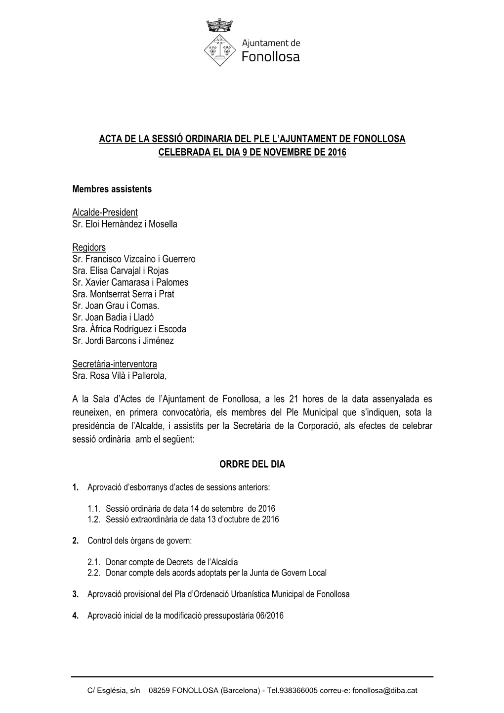 Acta De La Sessió Ordinaria Del Ple L'ajuntament De
