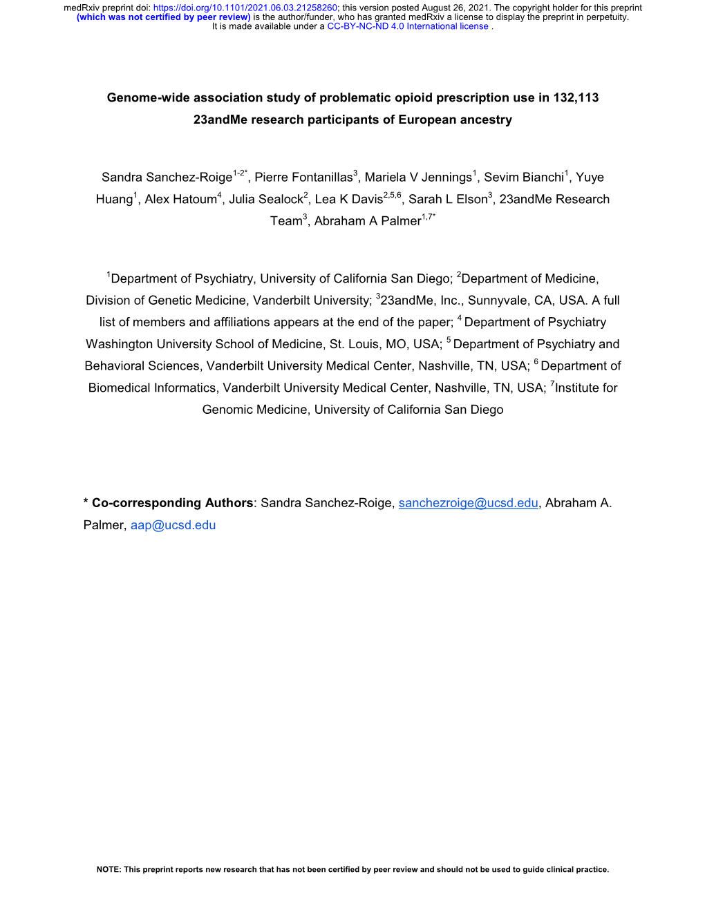 Genome-Wide Association Study of Problematic Opioid Prescription Use in 132,113 23Andme Research Participants of European Ancestry