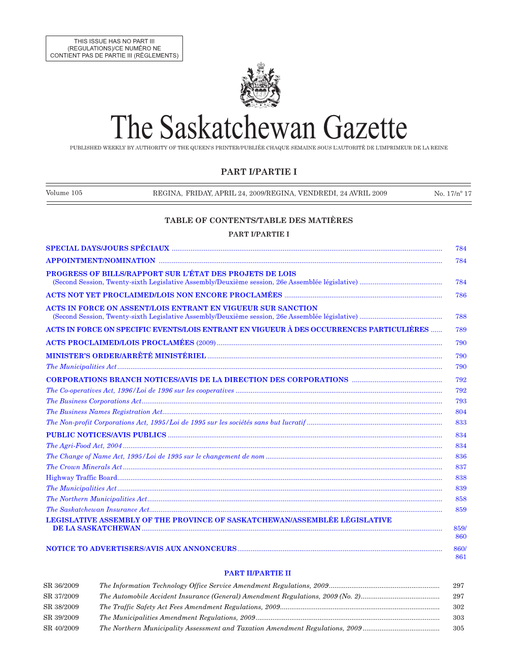 Sask Gazette, Part I, Apr 24, 2009