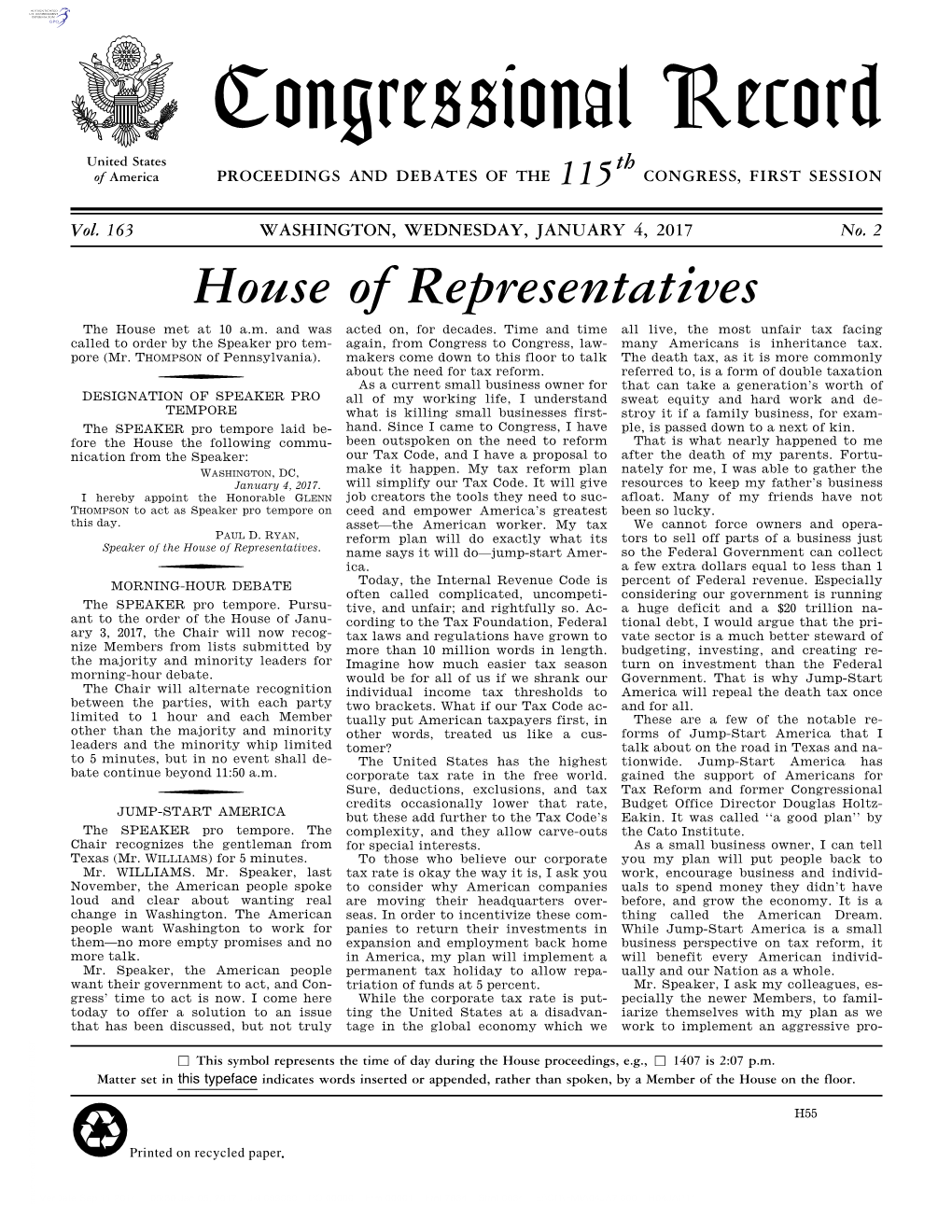 Congressional Record United States Th of America PROCEEDINGS and DEBATES of the 115 CONGRESS, FIRST SESSION