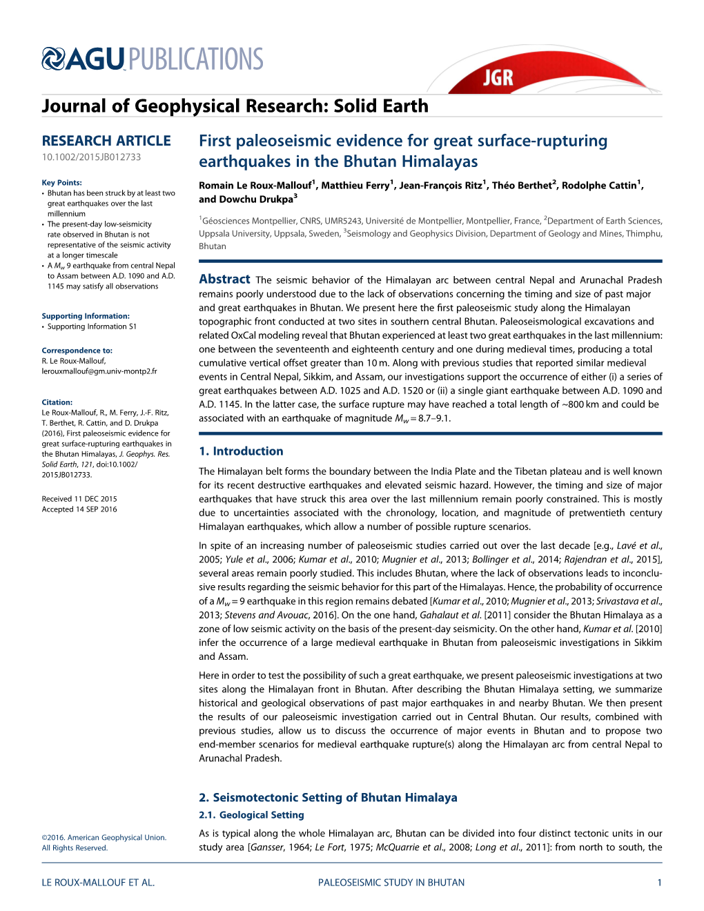 First Paleoseismic Evidence for Great Surface-Rupturing Earthquakes in the Bhutan Himalayas, J