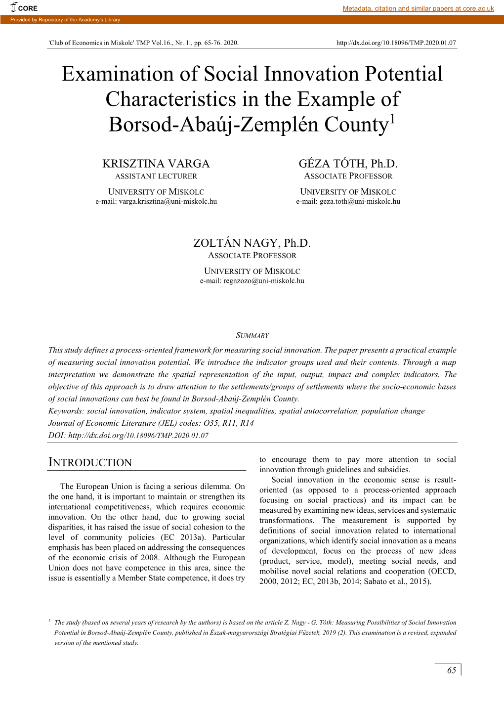 Examination of Social Innovation Potential Characteristics in the Example of Borsod-Abaúj-Zemplén County1