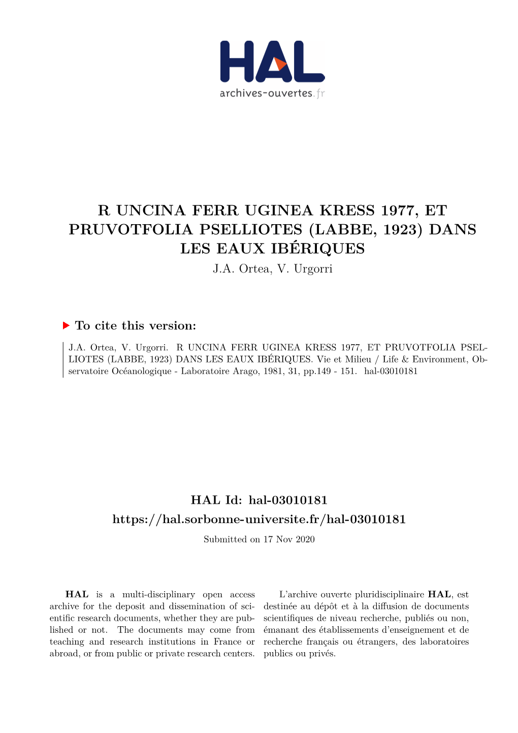 R Uncina Ferr Uginea Kress 1977, Et Pruvotfolia Pselliotes (Labbe, 1923) Dans Les Eaux Ibériques J.A