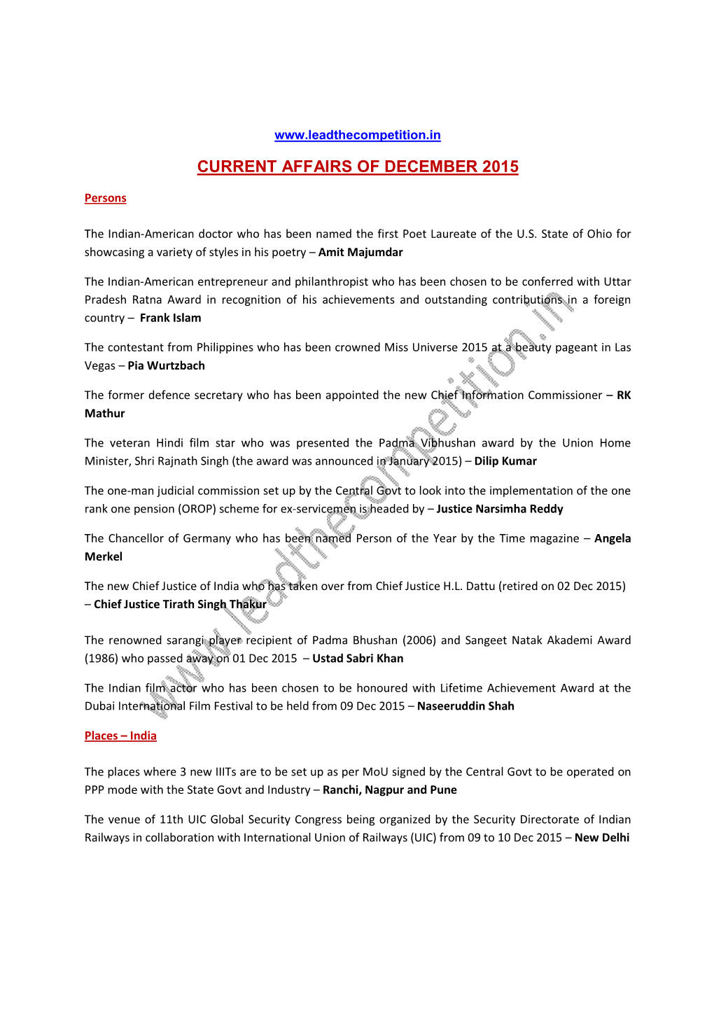 Current Affairs of December 2015