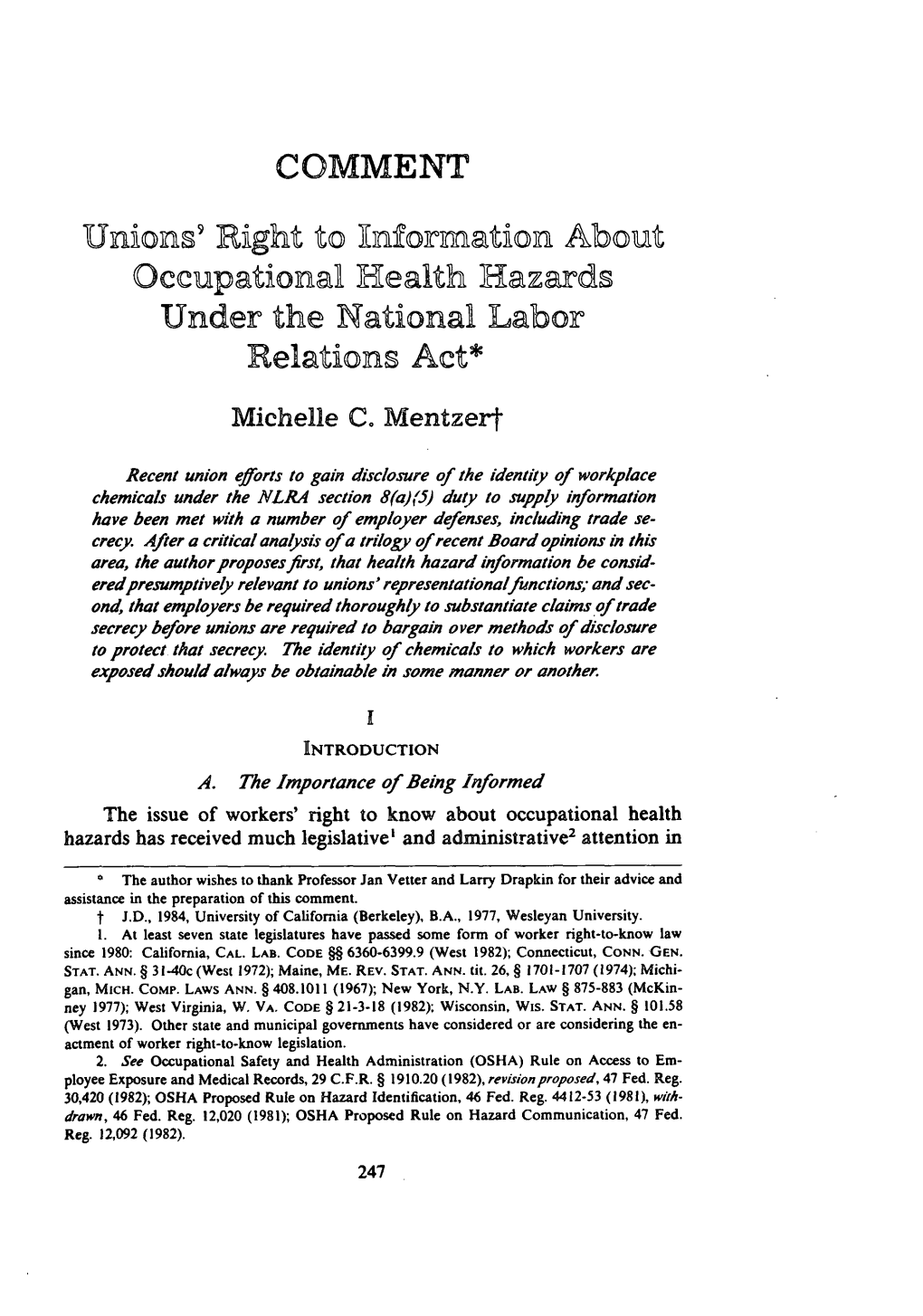 Unions' Right to Information About Occupational Health Hazards Under the National Labor Relations Act*